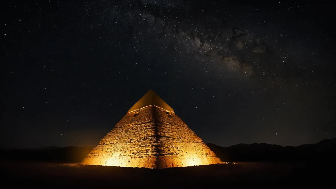 Altın ışıkla aydınlanan Giza piramitleri ve çöl gecesi, Antik Mısır uygarlığını simgeliyor