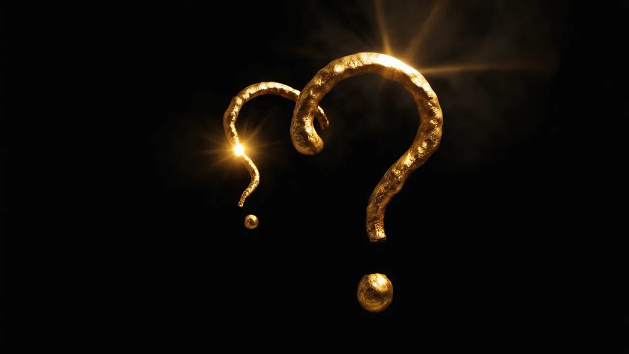 Karanlıkta altın bir ışıkla aydınlanan, spirale dönüşen tek bir soru işareti